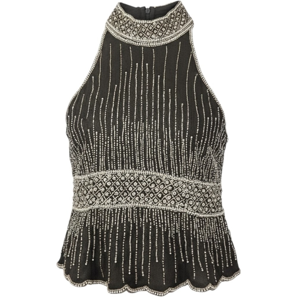 Vintage Papell Boutique Evening Silk Beaded Halter Top Womens Small Black Silver